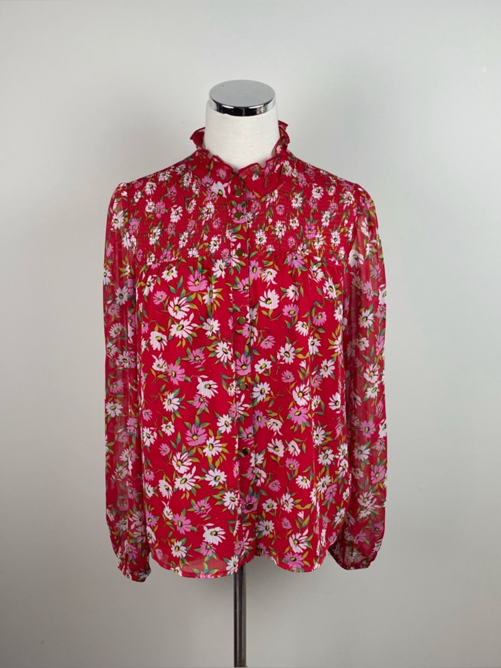 Draper James Red Green Floral Ruffle Long Sleeve Blouse Top Women Small